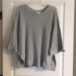Umgee Blue Gray Crew Neck 3/4 Sleeve Waffle knit Top with Relaxed Fit